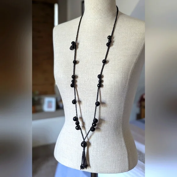 Long Black Beaded Necklace - Picture 1 of 8